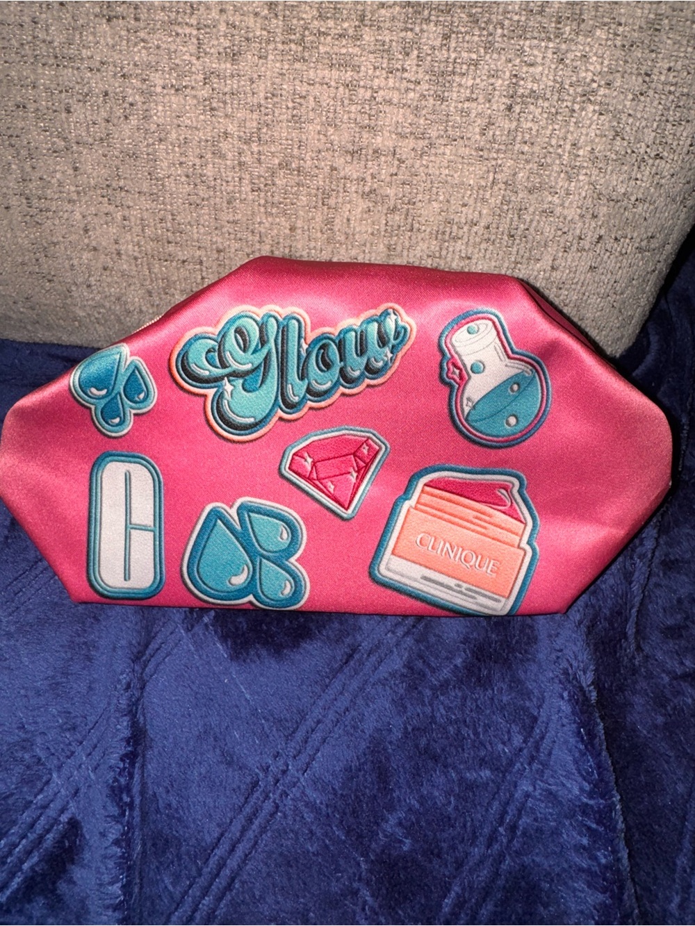 Clinique Hot Pink Satin Cosmetic Pouch with Teal Accents